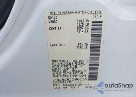 2019 Nissan Altima 2.5 S from USA, damaged, VIN 1N4BL4BV9KC190159